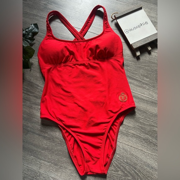 Tommy Hilfiger Above Board Classy Red One Piece Swimsuit w Gold Hip Logo Size 10 - Picture 1 of 9